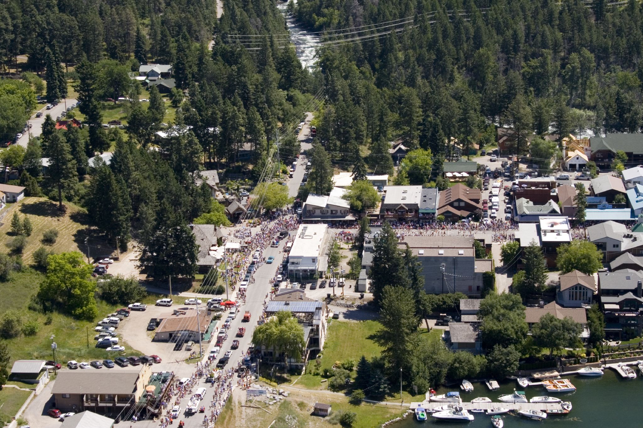 Bigfork village from the air on a summer day